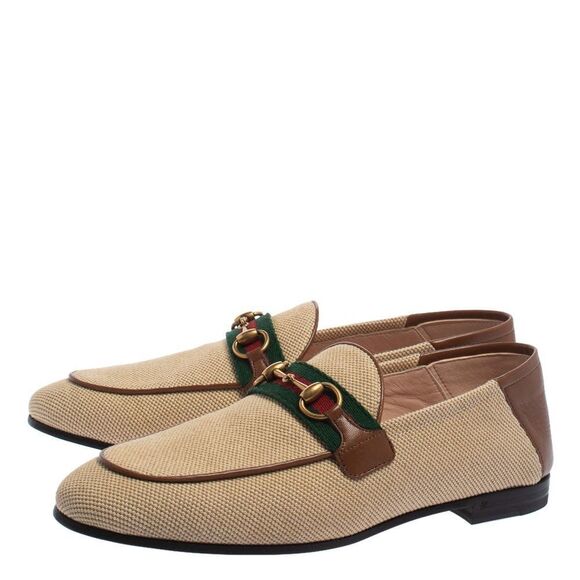 Gucci Beige Brown Canvas and Leather Horsebit Brixton Charlotte Loafers Size 35